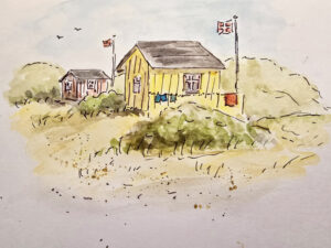 Erste Urban Sketching Skizze aus dem Onlinekurs: Strandhäuser auf Aero, DK